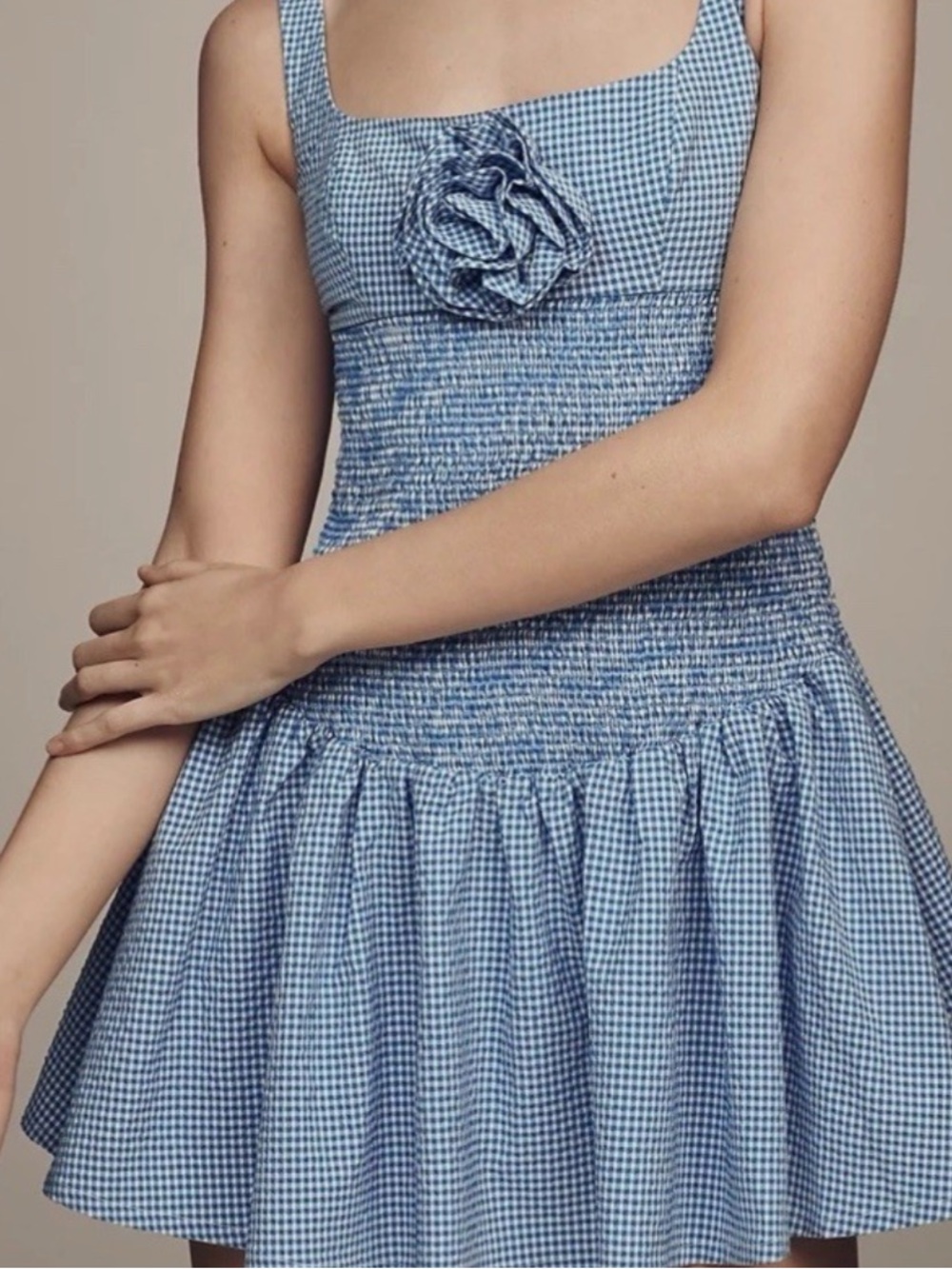 Anthropologie Maeve Blue Gingham Smocked Mini Dress with Floral Rosette [Size L]